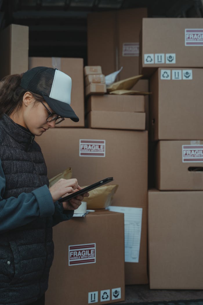 creative-01 A warehouse employee checks inventory on a tablet beside stacked boxes marked fragile.